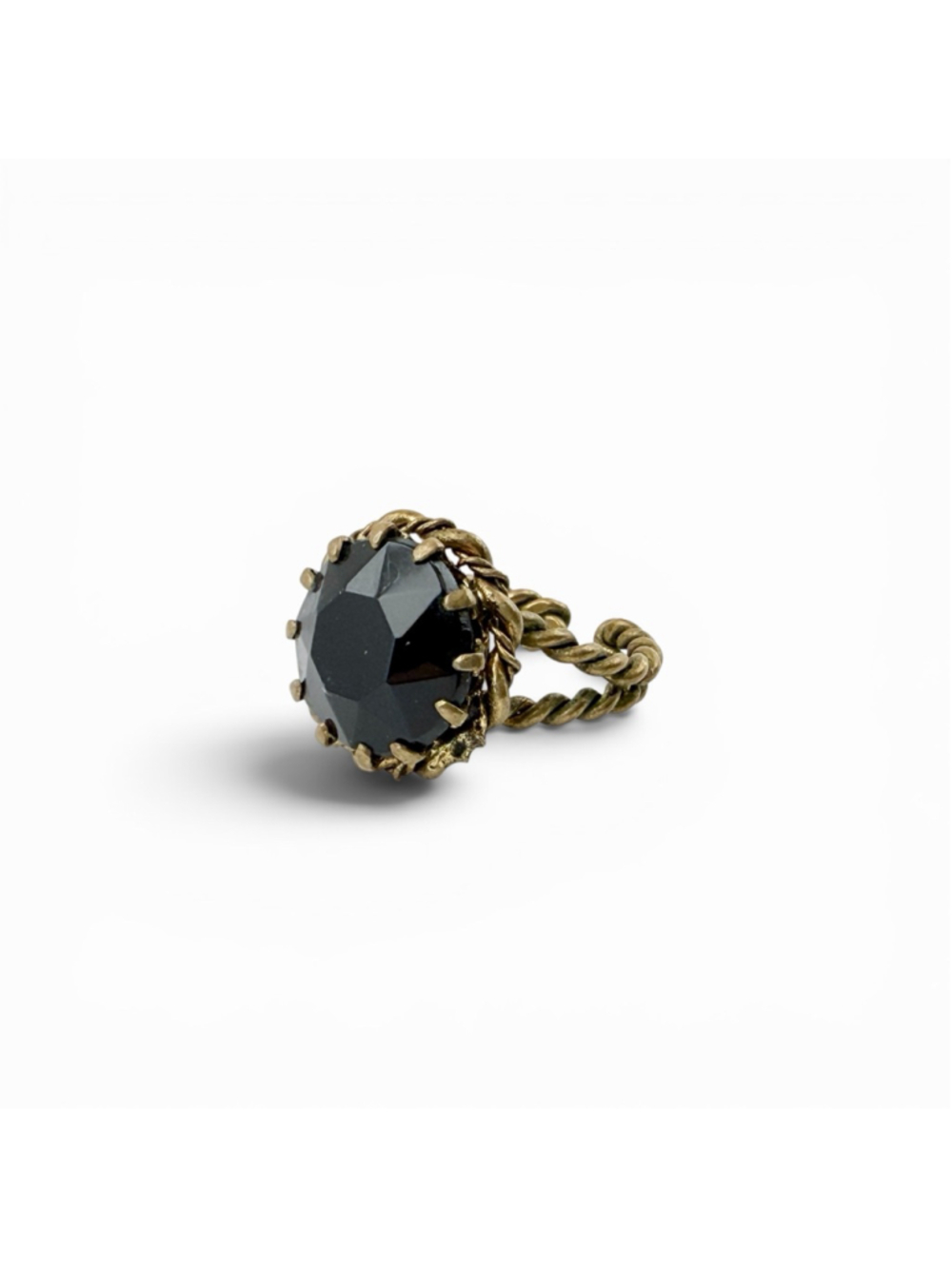 Vintage Black Glass Gypsy Ring Adjustable Gold Tone Cocktail Ring 1950 Statement